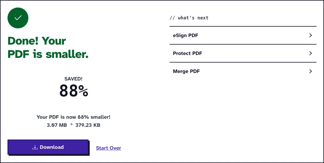 Compress PDF result in the free PDF tools of PDF-File.com: Your PDF is now 88% smaller, 3.07 MB to 379.23 KB